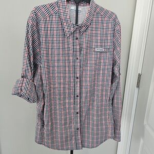 Columbia Womens Red, White, Blue Plaid Button Up Shirt With Pockets